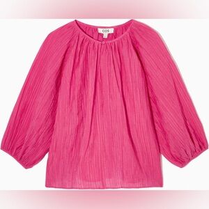 COS Size M Keyhole 3/4 Length Puff Sleeve Cotton Lined Seersucker Top - Pink